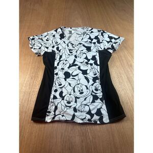 Disney Minnie Mouse Womens Medical Scrub Top Black White Character V-Neck Pocket